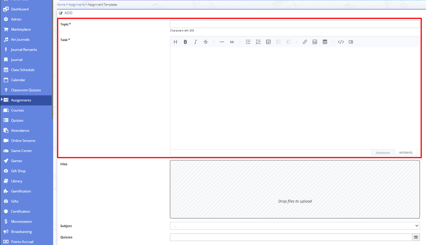 Fig. 3. Home assignment template form
