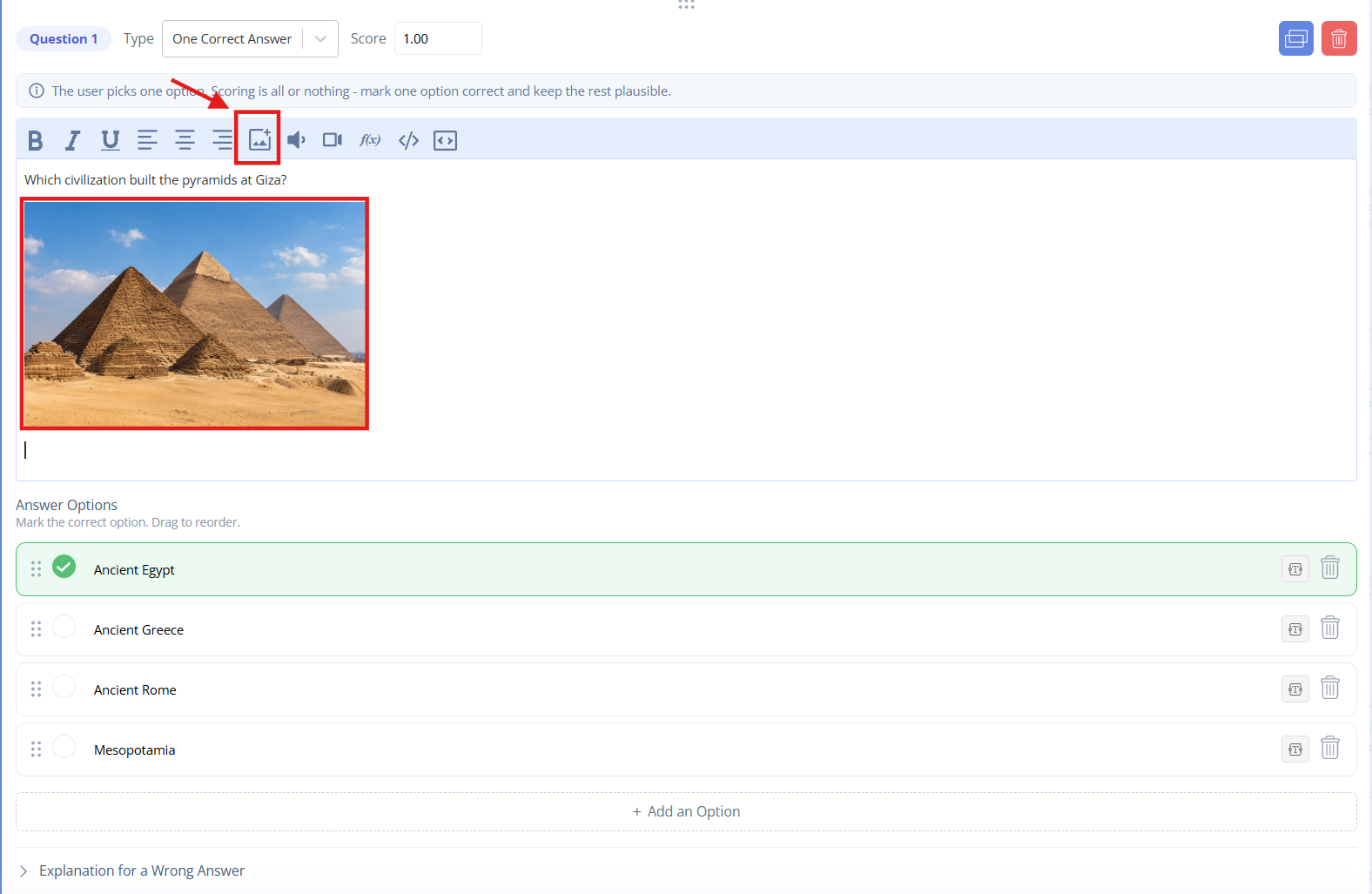 Adding an image to a question