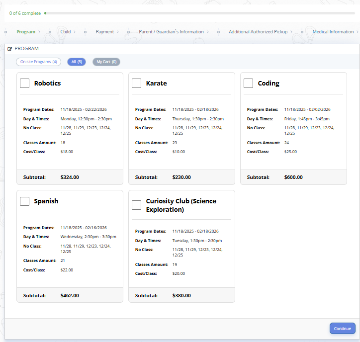 Fig. 3. Parent Sign Up Step 2: Choosing the Program