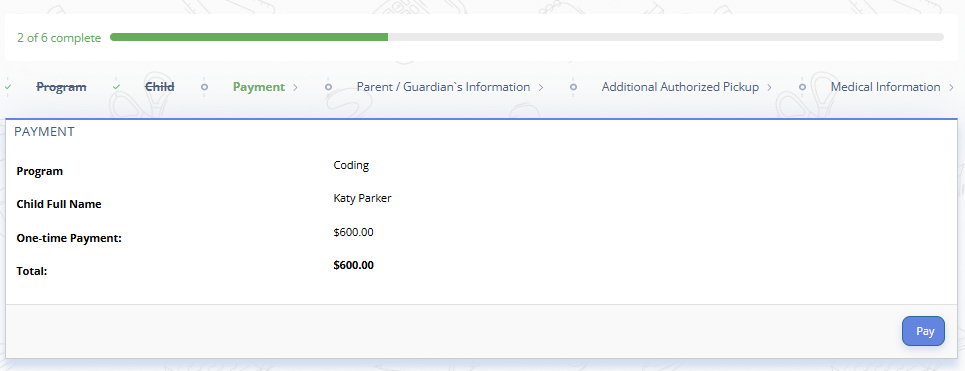 Fig. 5. Parent Sign Up Step 4: One-time Payment