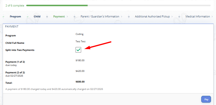Fig. 7. Parent Sign Up Step 4: Split Payment Option