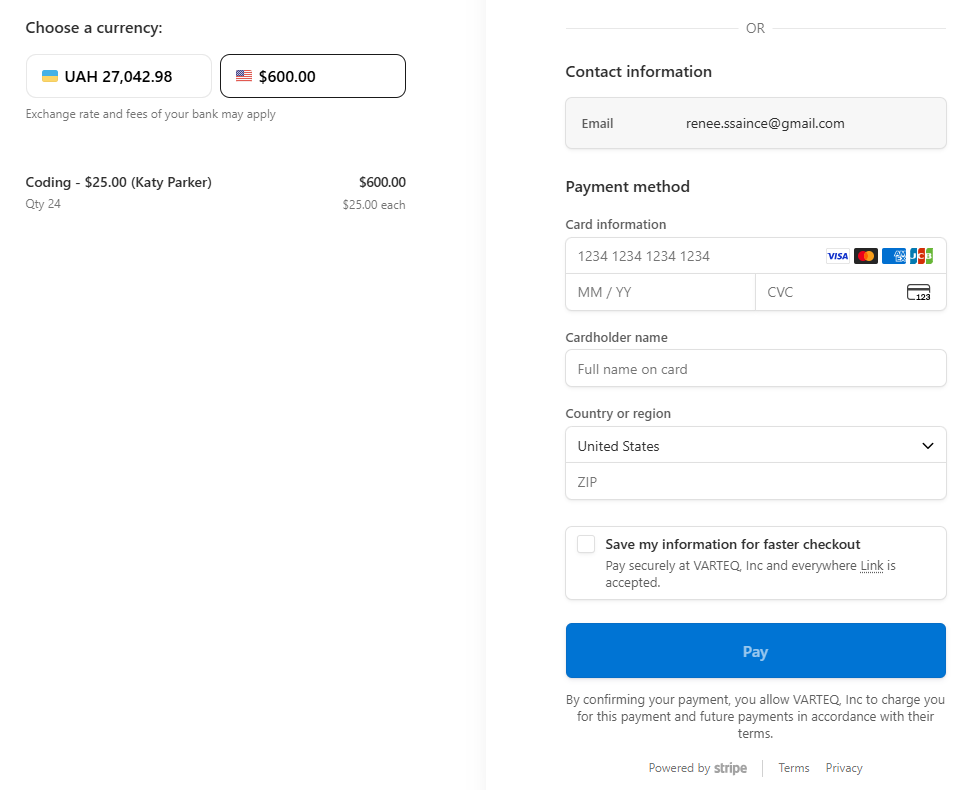 Fig. 8. Parent Sign Up Step 4: Stripe Check Out Page
