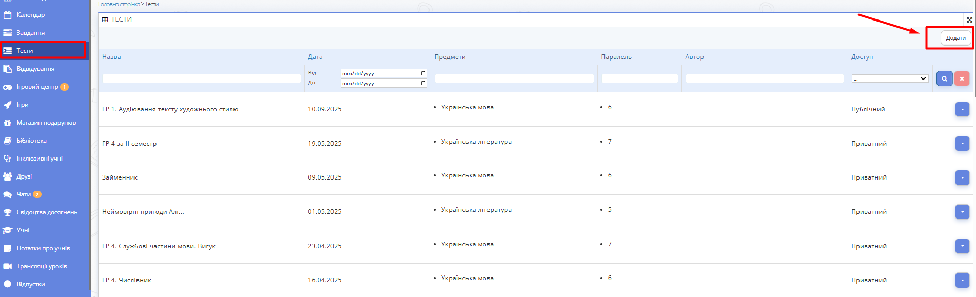 Рис. 1. Вигляд сторінки "Список тестів"